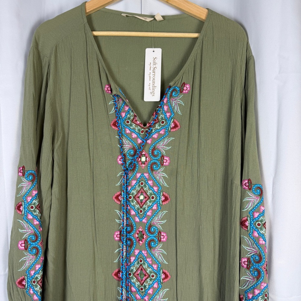 Soft Surroundings Sicily Gauze Dress Olive Green Embroidered Maxi XL 2FB0760901